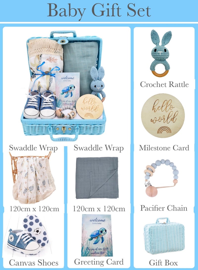 Baby Gift Set – 8-Pieces Newborn Essentials with Swaddle Blankets & Adorable Accessories (Blue) - Image 2