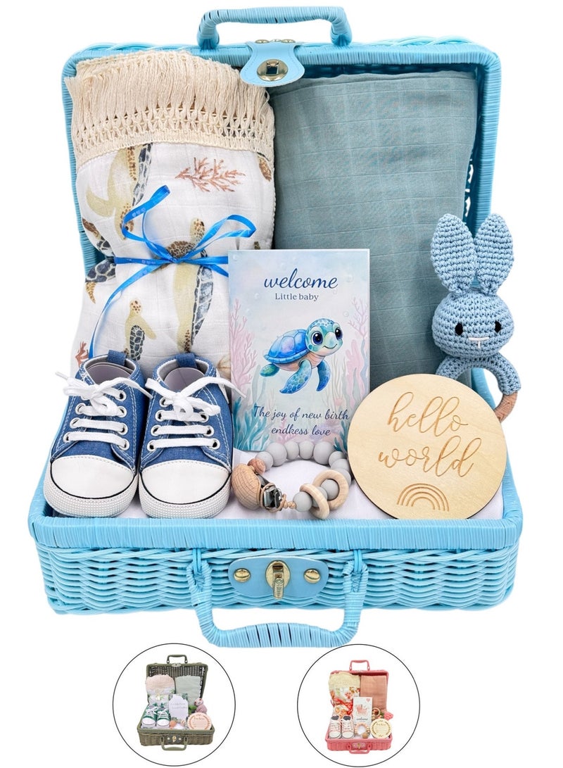 Baby Gift Set – 8-Pieces Newborn Essentials with Swaddle Blankets & Adorable Accessories (Blue) - Image 1