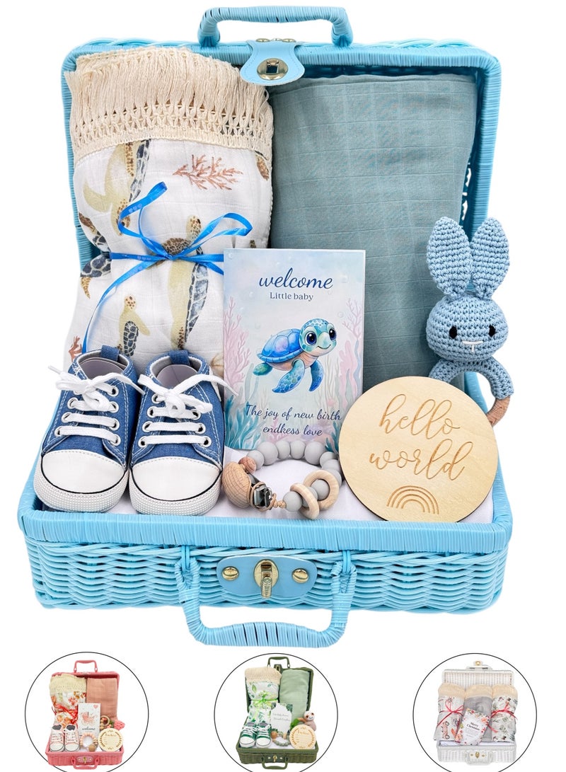 طقم هدايا للأطفال – 8 قطع من المستلزمات الأساسية لحديثي الولادة مع بطانيات قماط وإكسسوارات رائعة (أزرق) - Image 1