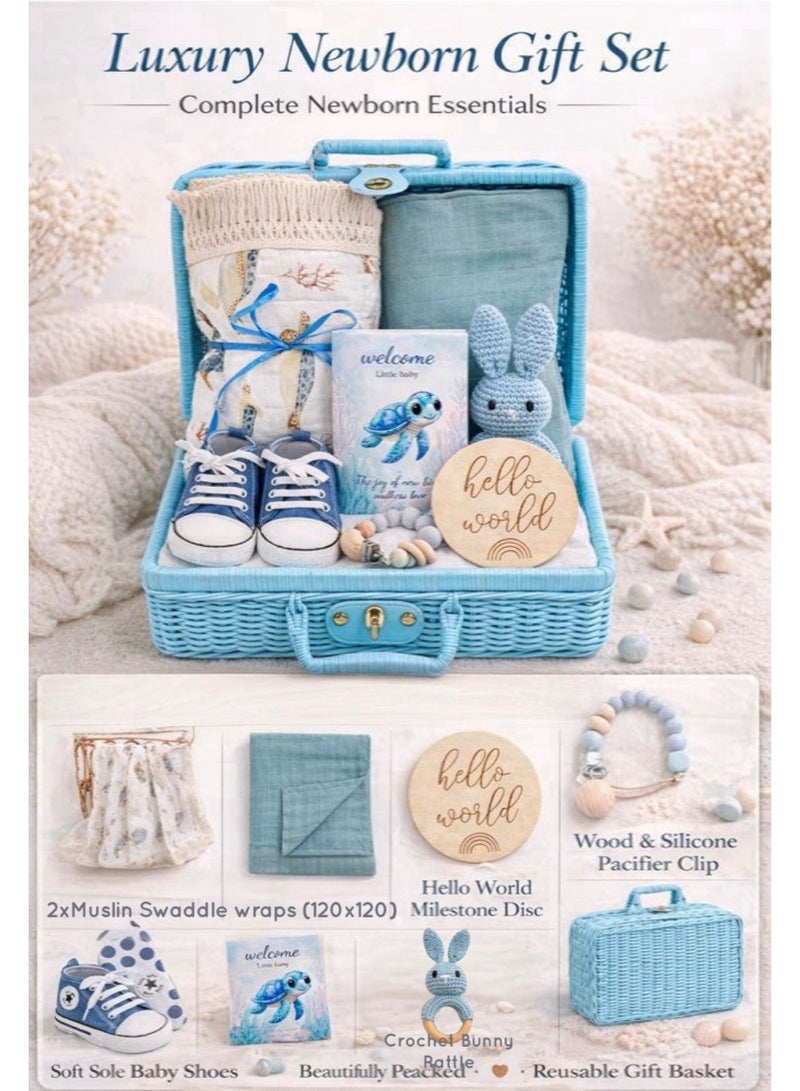 TrenDxb Baby Gift Set – 8-Pieces Newborn Essentials with Swaddle Blankets & Adorable Accessories (Blue) - Image 5