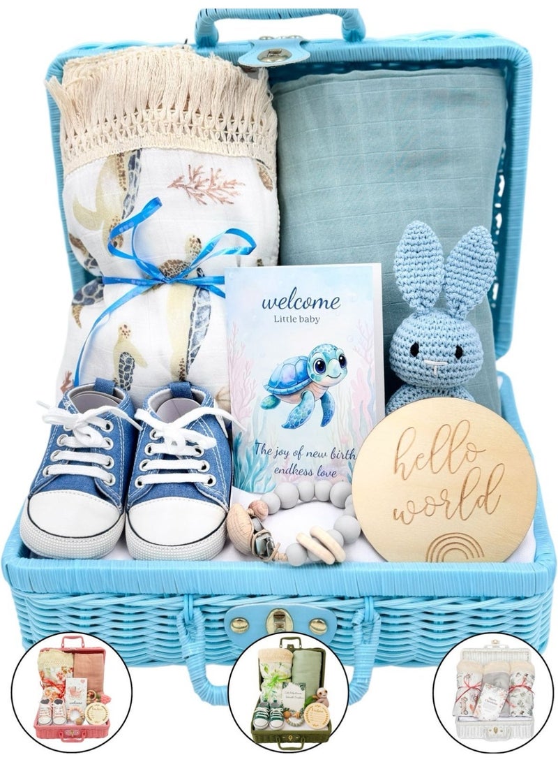 TrenDxb Baby Gift Set – 8-Pieces Newborn Essentials with Swaddle Blankets & Adorable Accessories (Blue) - Image 1
