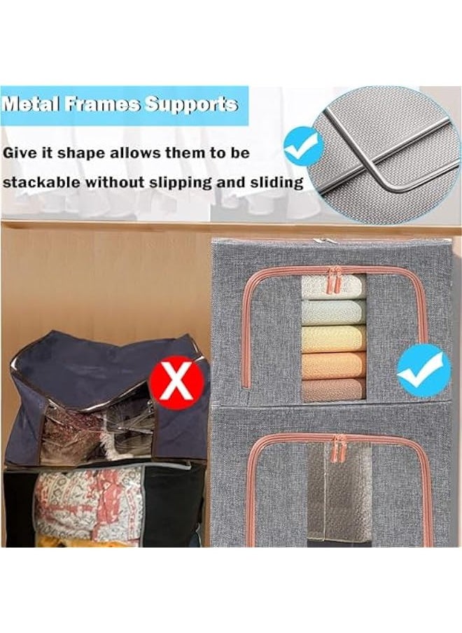 3 Pack Large Capacity Clothes Storage Bags,Stackable Storage Organizer with Foldable Metal Frame, Zipper, Handles, Clear Window, Large Storage Bins for Comforters, Blankets