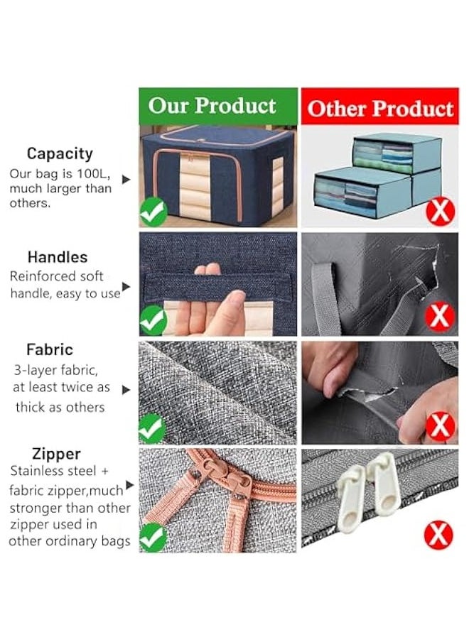 3 Pack Large Capacity Clothes Storage Bags,Stackable Storage Organizer with Foldable Metal Frame, Zipper, Handles, Clear Window, Large Storage Bins for Comforters, Blankets