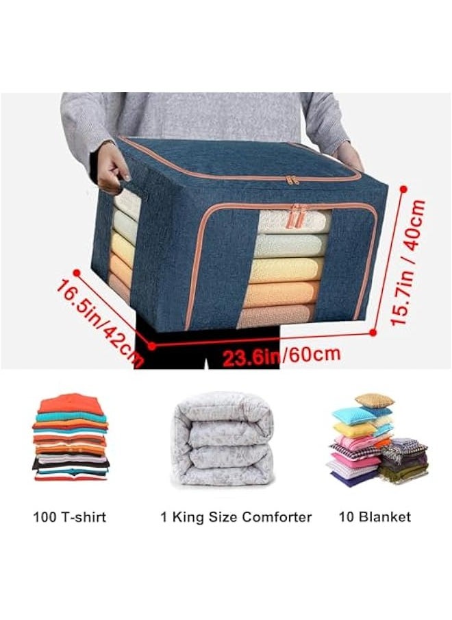 3 Pack Large Capacity Clothes Storage Bags,Stackable Storage Organizer with Foldable Metal Frame, Zipper, Handles, Clear Window, Large Storage Bins for Comforters, Blankets