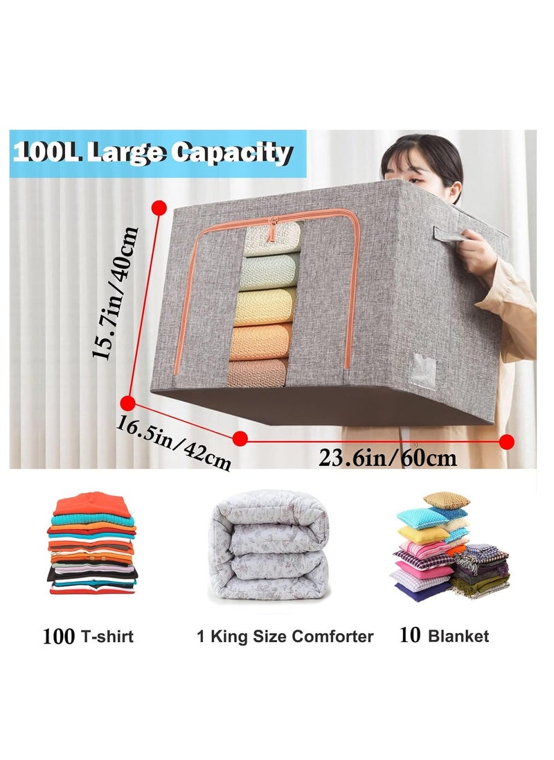 3 Pack Large Capacity Clothes Storage Bags,Stackable Storage Organizer with Foldable Metal Frame, Zipper, Handles, Clear Window, Large Storage Bins for Comforters, Blankets