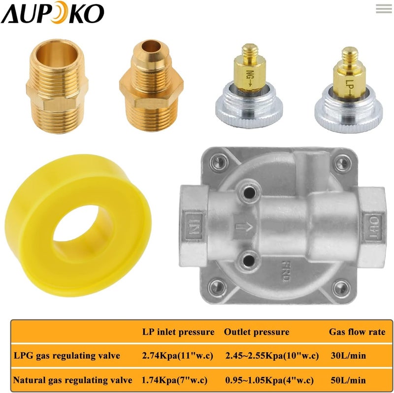 Aupoko منظم ضغط الغاز 1/2"، منظم ضغط الغاز الطبيعي والغاز المسال مع محول تحويل نحاسي 1/2" NPT لطلبات NG/LPG - Image 4