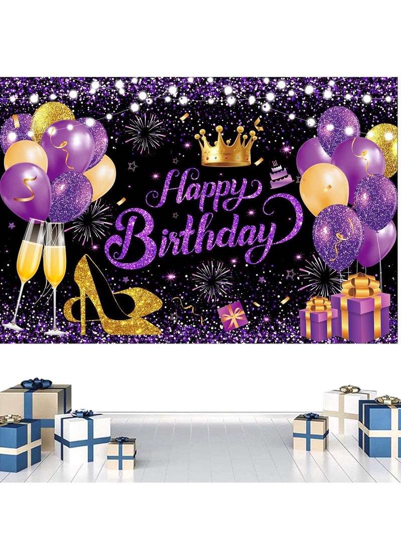 SOLARAE Happy Birthday Backdrop - Glitter Purple Gold, 180x120 cm (71x47 in) Black, Purple, and Gold Photography Background Cloth, Elegant Birthday Banner and Sign Decoration for Women - Image 3
