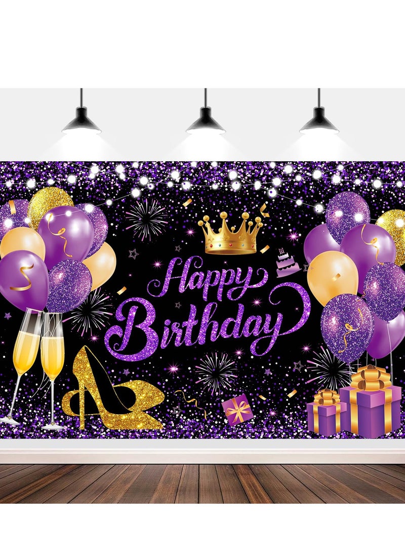 SOLARAE Happy Birthday Backdrop - Glitter Purple Gold, 180x120 cm (71x47 in) Black, Purple, and Gold Photography Background Cloth, Elegant Birthday Banner and Sign Decoration for Women - Image 1