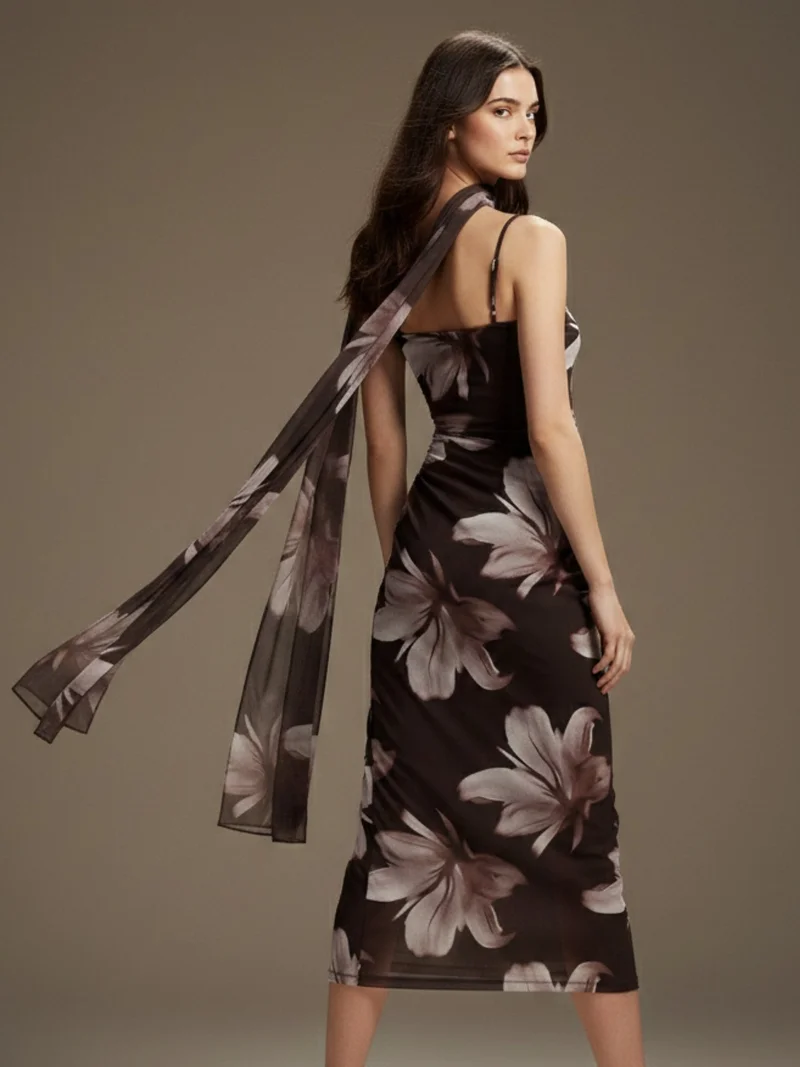 Outzidr  Brown Strappy Printed Mesh Dress With Scarf Detail for Women | Best Price UAE