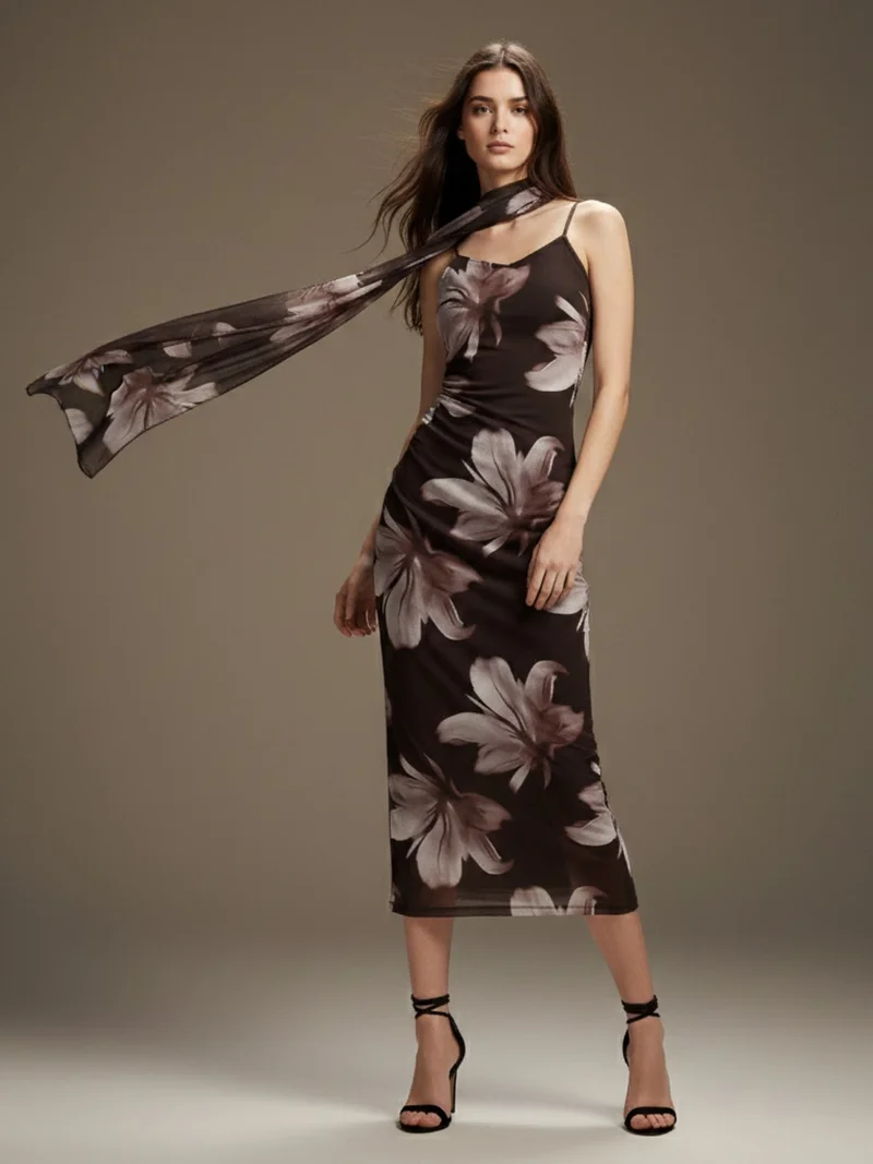Outzidr  Brown Strappy Printed Mesh Dress With Scarf Detail for Women | Best Price UAE