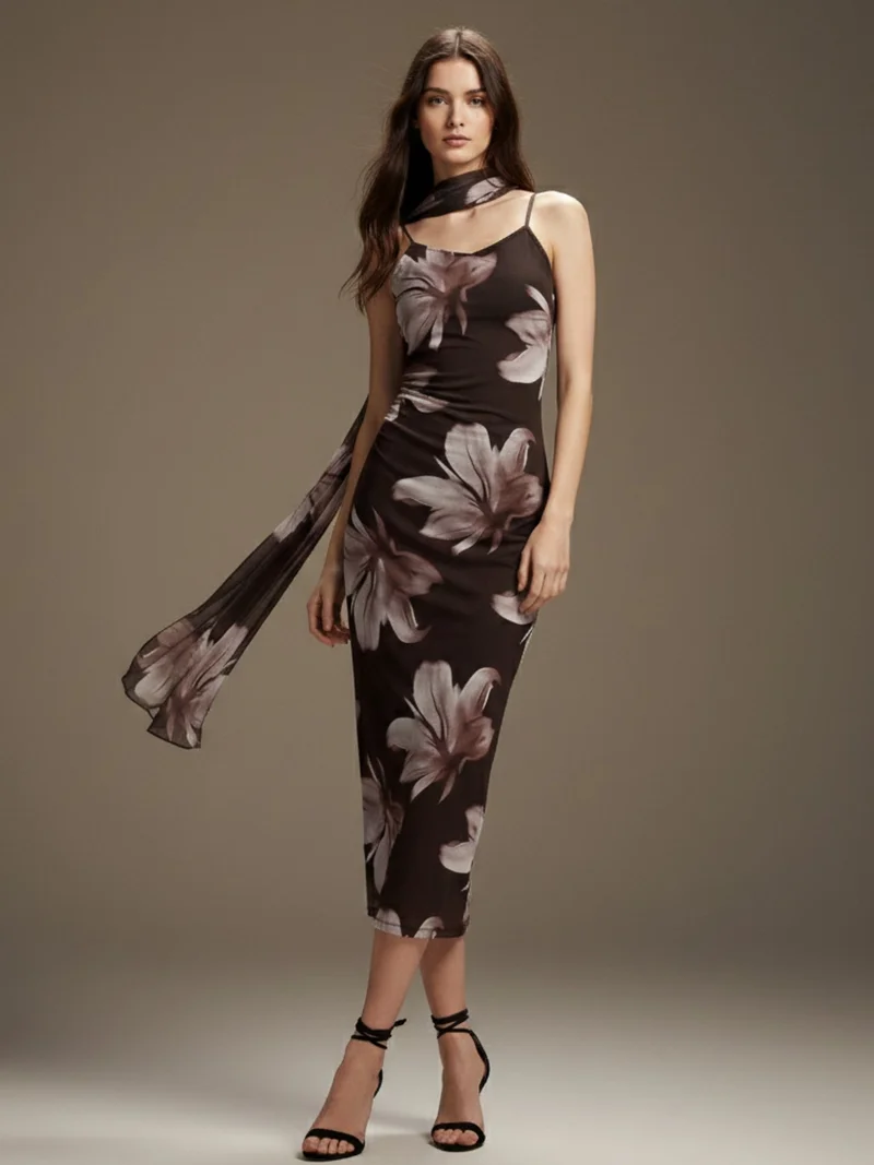 Outzidr  Brown Strappy Printed Mesh Dress With Scarf Detail for Women | Best Price UAE