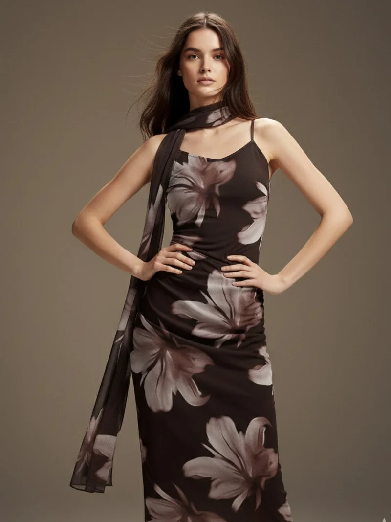 Outzidr  Brown Strappy Printed Mesh Dress With Scarf Detail for Women | Best Price UAE
