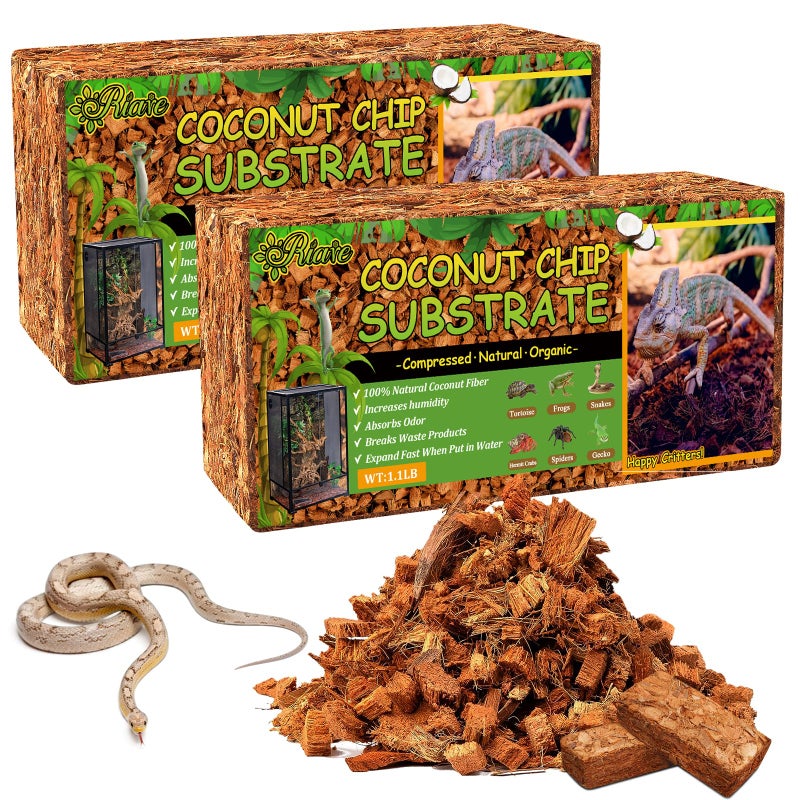 Riare 2 Pack Natural Coconut Chip Substrate for Reptiles- Compressed Coconut Husk Reptiles Bedding, Coco Husk Chip Terrarium Substrate for Snakes, Tortoises, Ball Python, Frogs, Bearded Dragon, Lizard - Image 1
