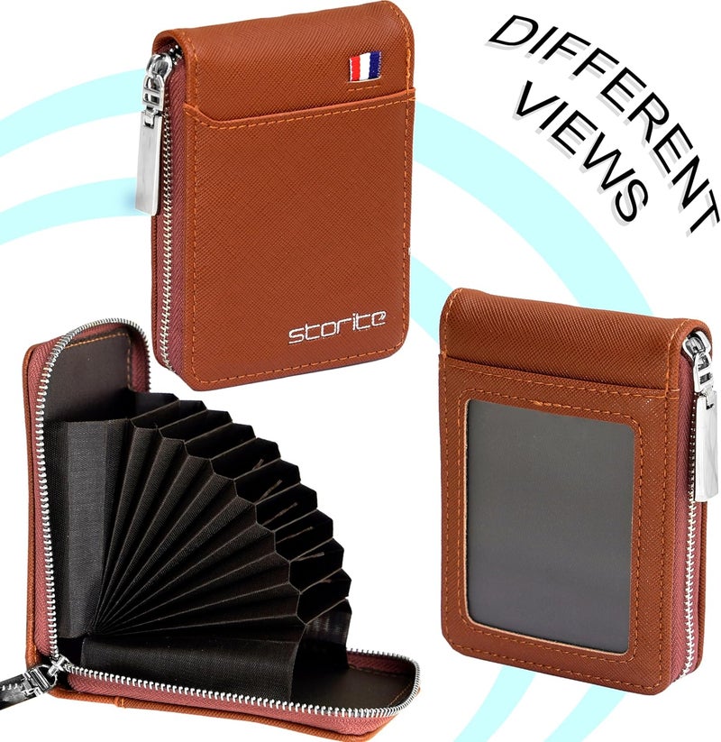 Storite PU Leather 9 Slot Vertical Credit Debit Card Holder Money Wallet Zipper Coin Purse for Men Women - LightBrown (11.5 x 1.75 x 8 cm) - Image 3