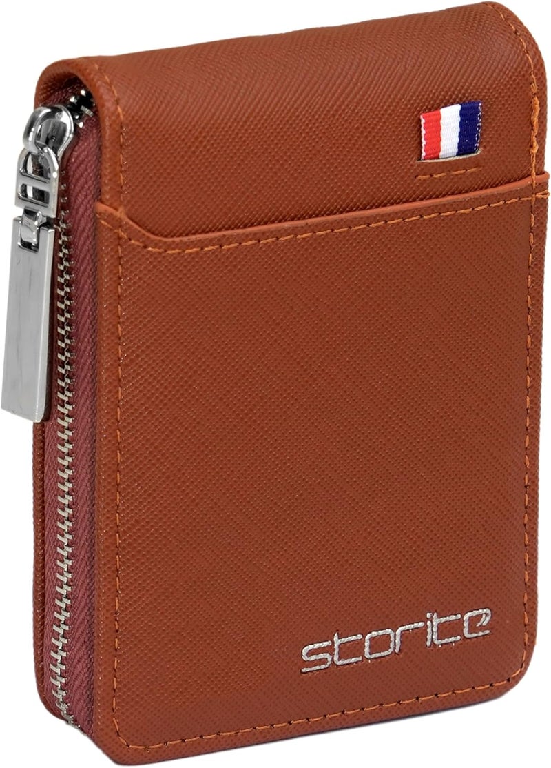 Storite PU Leather 9 Slot Vertical Credit Debit Card Holder Money Wallet Zipper Coin Purse for Men Women - LightBrown (11.5 x 1.75 x 8 cm) - Image 1