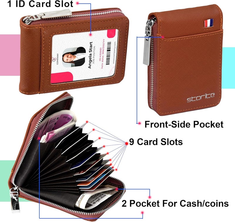 Storite PU Leather 9 Slot Vertical Credit Debit Card Holder Money Wallet Zipper Coin Purse for Men Women - LightBrown (11.5 x 1.75 x 8 cm) - Image 5