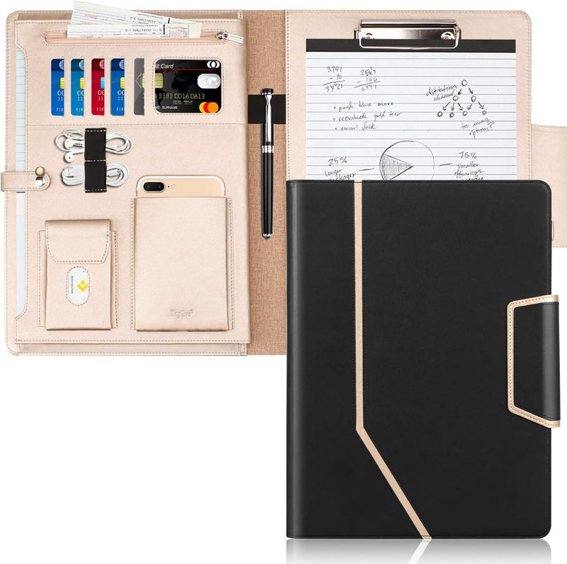 Toplive Conference Folder - Executive Business Padfolio with Letter/A4 Size Clipboard, Document Sleeve & Card Holders - Black - Image 1