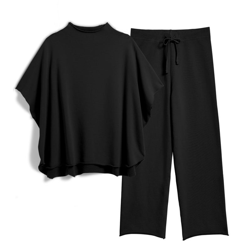 SeeLuNa Women's Two Piece Outfits 3/4 Batwing Sleeve Capelet Crew Neck Pullover Top Wide Leg Pants Lounge Set(Black,L) - Image 1