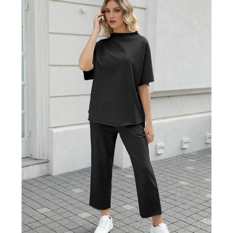 SeeLuNa Women's Two Piece Outfits 3/4 Batwing Sleeve Capelet Crew Neck Pullover Top Wide Leg Pants Lounge Set(Black,L) - Image 5