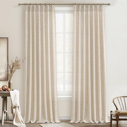PleatedDrapes Living Room Semi Sheer Curtains 90 Inches Long 2 Panels Set, Natural Thick Linen Pinch Pleated Curtains Taupe Country Rustic Light Filtering Drape with Hooks Ceiling Track for 88inch Window W40 xL90 - Image 1