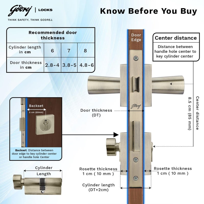 Godrej Locking Solutions and Systems Godrej Mortise LockHandle Lock Set for Main Internal Door I NEH 19 Rosette I Eco Pin Cylinder9 Inch Lockbody70 mm 1CK Cylinder Knob from Inside3 Keys IAntique Brass5Yr Warranty  - Image 4