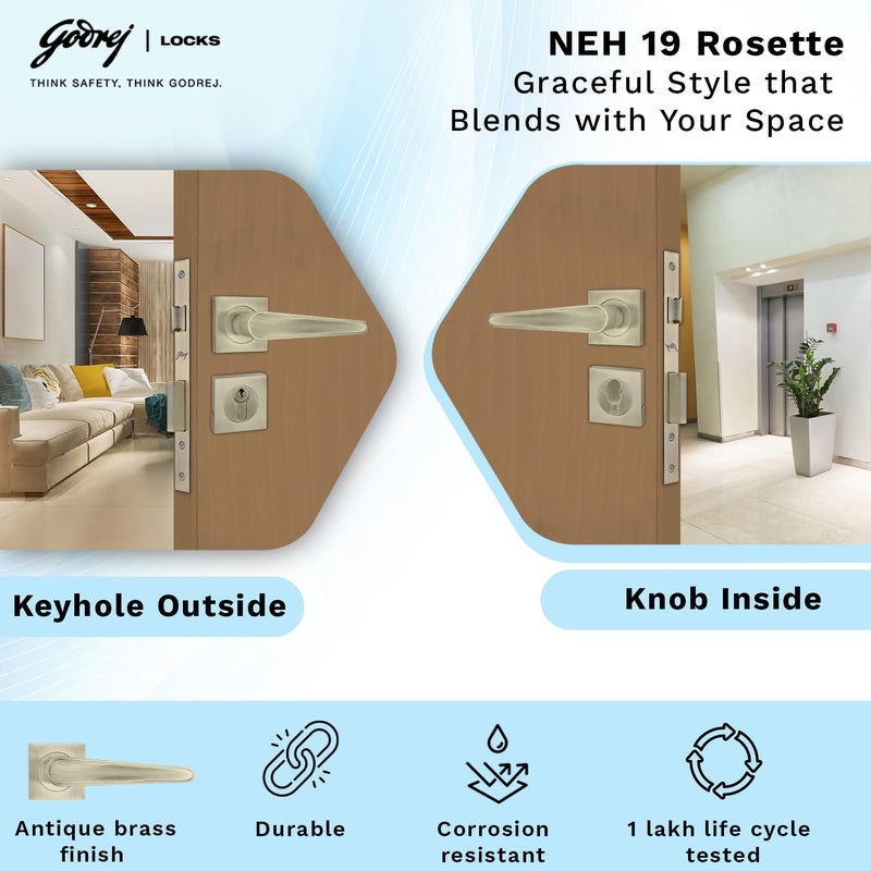 Godrej Locking Solutions and Systems Godrej Mortise LockHandle Lock Set for Main Internal Door I NEH 19 Rosette I Eco Pin Cylinder9 Inch Lockbody70 mm 1CK Cylinder Knob from Inside3 Keys IAntique Brass5Yr Warranty  - Image 2