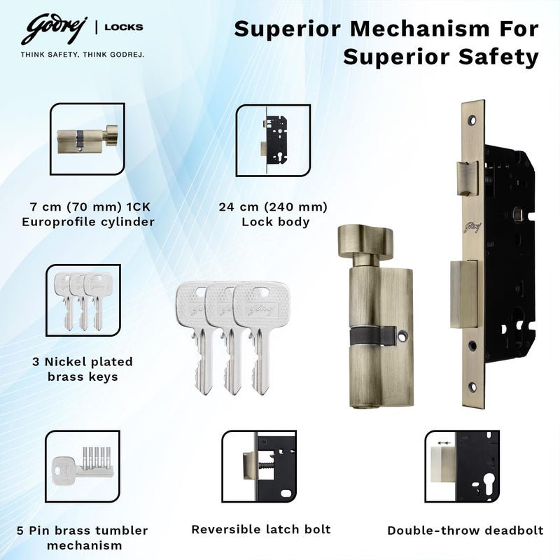 Godrej Locking Solutions and Systems Godrej Mortise LockHandle Lock Set for Main Internal Door I NEH 19 Rosette I Eco Pin Cylinder9 Inch Lockbody70 mm 1CK Cylinder Knob from Inside3 Keys IAntique Brass5Yr Warranty  - Image 3
