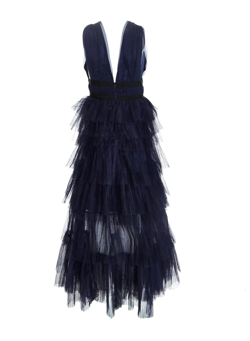 ترو ديكادينس Eliza Navy Plunging Neck Layered Tulle Skirt Maxi-Dress
