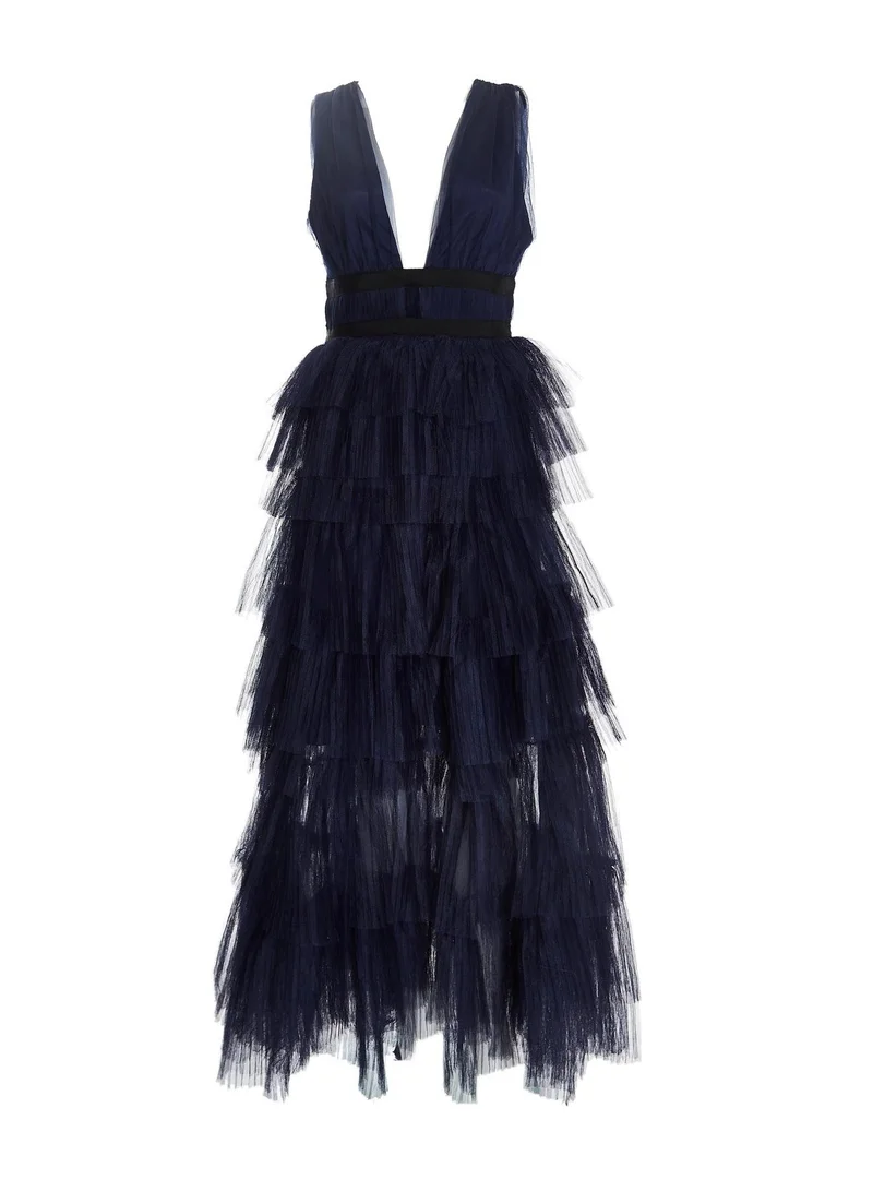 ترو ديكادينس Eliza Navy Plunging Neck Layered Tulle Skirt Maxi-Dress