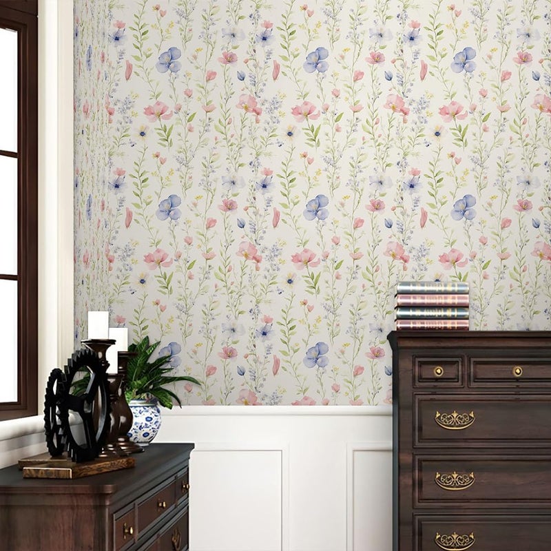 REDAMANCY Watercolor Wildflowers Green Leaf Red/Blue Flowers Peel and Stick Wallpaper Stick on Contact Paper Vintage Wall Paper Easy Peel Off for nightstand Drawer Cabinet Renter - Image 2