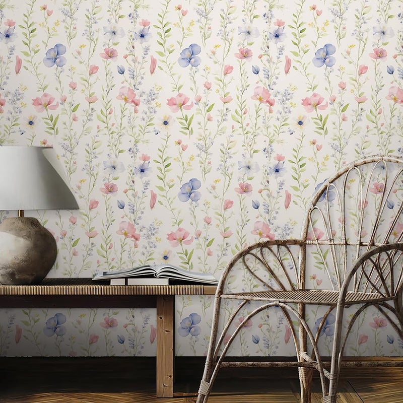 REDAMANCY Watercolor Wildflowers Green Leaf Red/Blue Flowers Peel and Stick Wallpaper Stick on Contact Paper Vintage Wall Paper Easy Peel Off for nightstand Drawer Cabinet Renter - Image 3