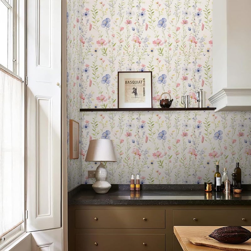 REDAMANCY Watercolor Wildflowers Green Leaf Red/Blue Flowers Peel and Stick Wallpaper Stick on Contact Paper Vintage Wall Paper Easy Peel Off for nightstand Drawer Cabinet Renter - Image 5