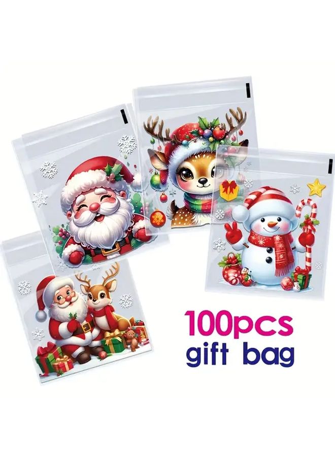 100 حزمة أكياس هدايا عيد الميلاد ذاتية اللصق 10x13 سم 4 أنماط تغليف عطلات قابلة لإعادة الاستخدام - Image 4