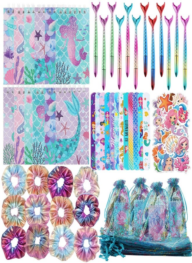 LiYiQ 110 PCS Mermaid Birthday Gifts Include 12 Pen 12 Notepad 12 Shiny Metallic Scrunchies 12 Gift Bag 50 Sticker Classroom Reward Gift Prizes Goodie Bags Stuffers - Image 1