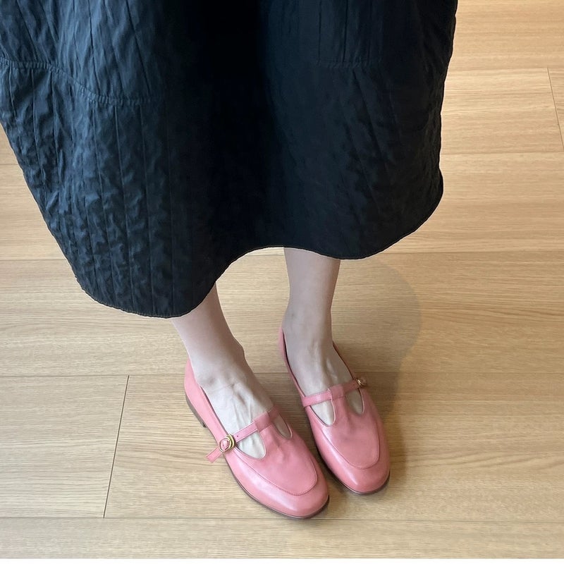 Pink French Round Toe Flats Low Heel Pumps Women'S 2025 Spring New T-Buckle Loafers Small Leather Shoes - Image 1