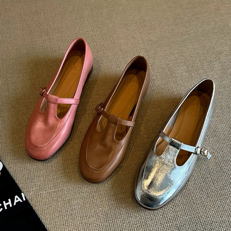 Pink French Round Toe Flats Low Heel Pumps Women'S 2025 Spring New T-Buckle Loafers Small Leather Shoes - Image 2