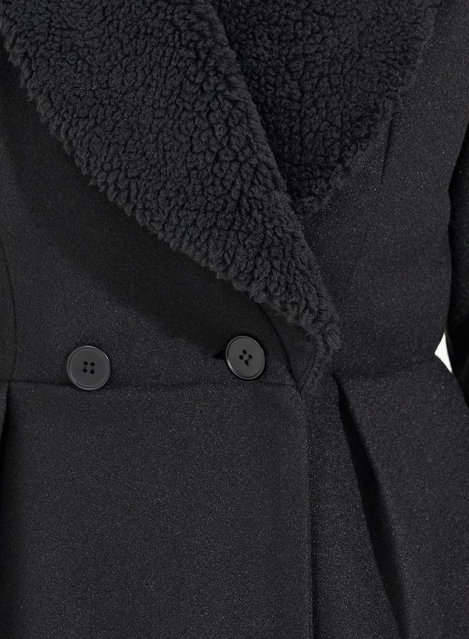Regular Fit Midi Wool Like Faux Fur Collar Coat