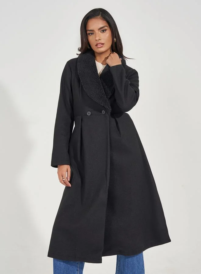Styli Regular Fit Midi Wool Like Faux Fur Collar Coat