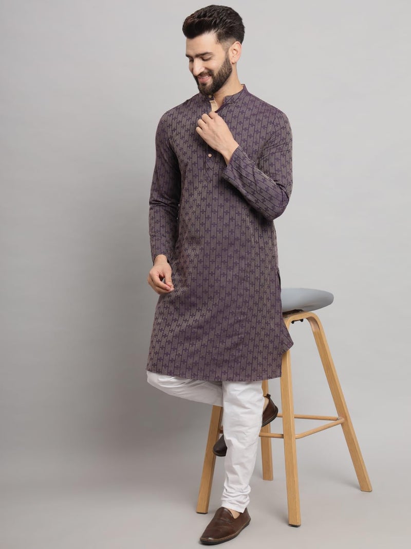 LATEST CHIKAN Men's Cotton Regular Striped Knee Lenght Kurta Full Sleeves - LK_+_PR-46 Purple - Image 2