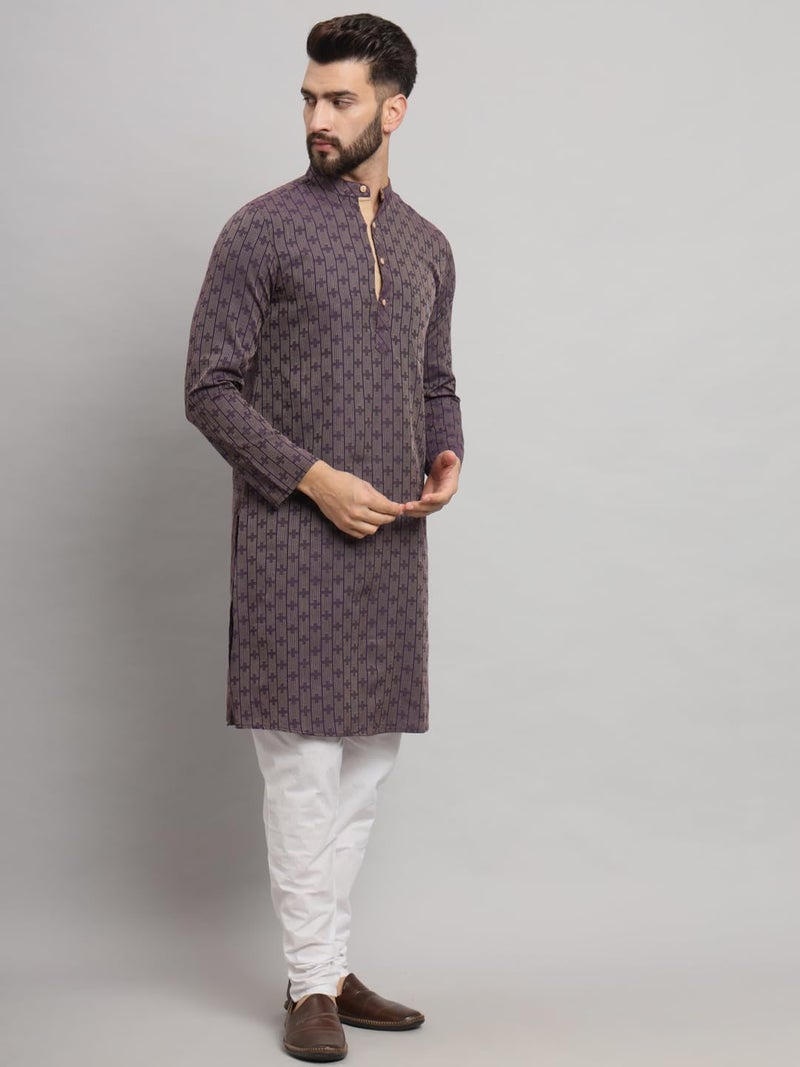 LATEST CHIKAN Men's Cotton Regular Striped Knee Lenght Kurta Full Sleeves - LK_+_PR-46 Purple - Image 3