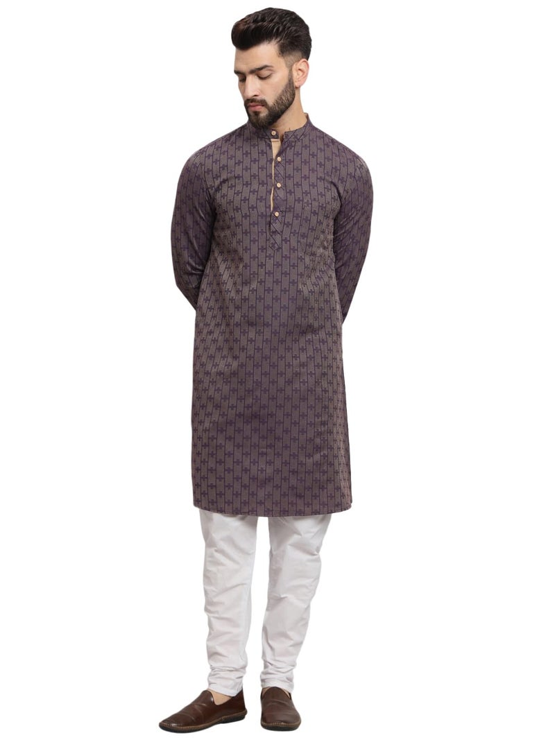 LATEST CHIKAN Men's Cotton Regular Striped Knee Lenght Kurta Full Sleeves - LK_+_PR-46 Purple - Image 1