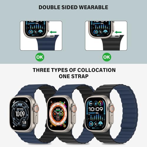 Bisikor Compatible with Apple Watch Band 49 46 45 44 42 41 40 38mm Double Sided Wearable Silicone Magnetic Strap for iWatch Ultra SE Series 11 10 9 8 7 6 5 4 3 2 1 (42/44/45/46/49, Black/Dark Blue) - Image 3