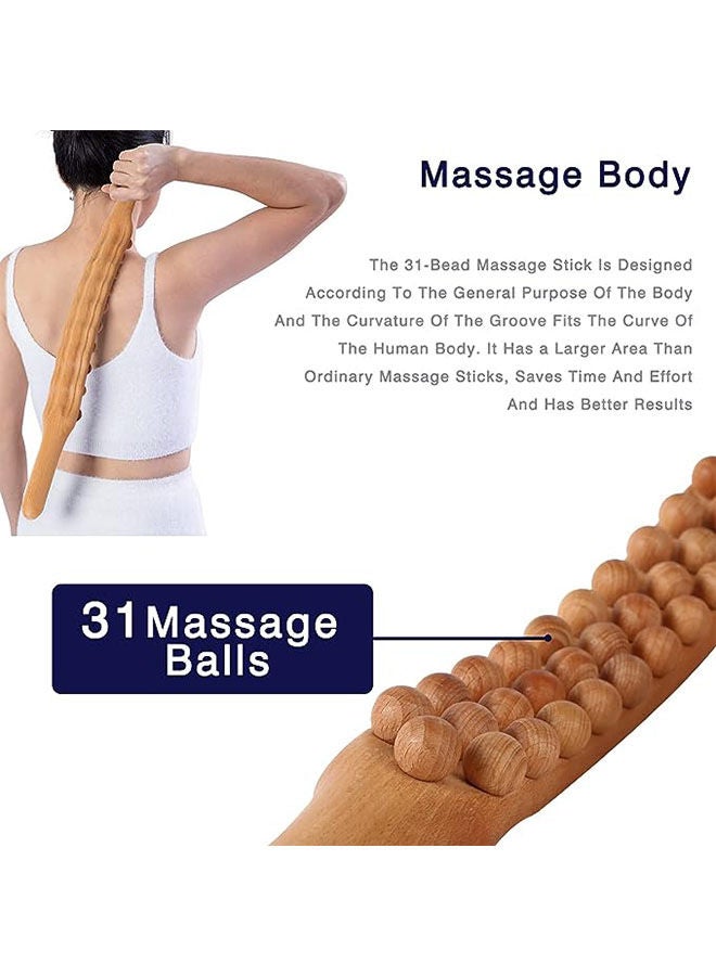WOODEN MASSAGE ROLLER STICK 31 beads LYMPHATIC DRAINAGE ANTI-CELLULITE BODY SCULPTING TOOL for Deep Tissue Muscle Relief Neck Back Pain Relief Handheld Wooden Gua Sha Scraping Massager - Image 2