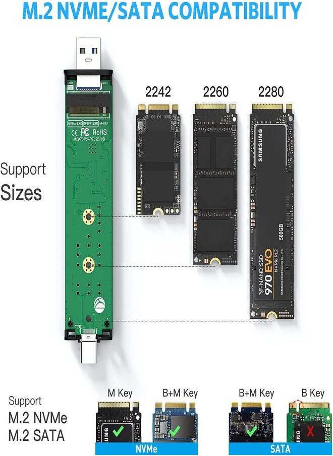 FIDECO - M.2 NVMe Enclosure SSD Adapter, 10Gbps USB C 3.2 Gen2, Tool-Free External Enclosure NVMe Reader Supports M and B&M Keys and Size 2230 /2242 /2260 /2280 SSDs, Thunderbolt 3 Compatible 2 TB - Image 1
