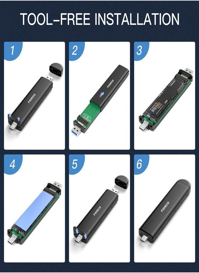FIDECO - M.2 NVMe Enclosure SSD Adapter, 10Gbps USB C 3.2 Gen2, Tool-Free External Enclosure NVMe Reader Supports M and B&M Keys and Size 2230 /2242 /2260 /2280 SSDs, Thunderbolt 3 Compatible 2 TB - Image 1