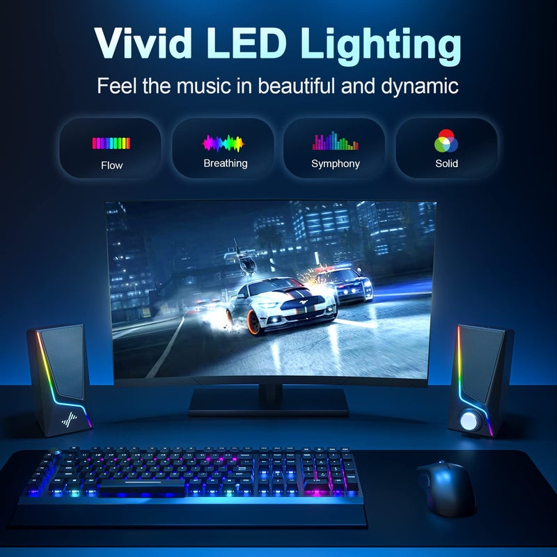 Nylavee Computer Speakers, PC Speakers with 6 Lighting Modes, USB Powered Computer Speakers for Desktop Monitor with 2 Bass-Boost Ports, 2 Speaker Units, and 3.5mm Aux-in Cable for PC, Laptop, Tablet, Phone - Image 4