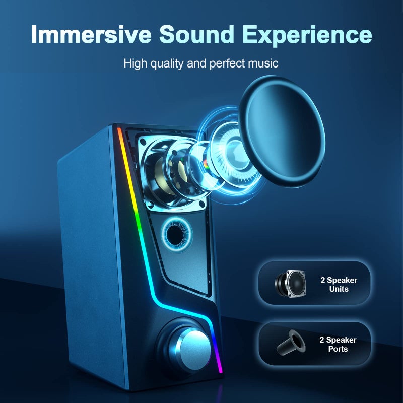 Nylavee Computer Speakers, PC Speakers with 6 Lighting Modes, USB Powered Computer Speakers for Desktop Monitor with 2 Bass-Boost Ports, 2 Speaker Units, and 3.5mm Aux-in Cable for PC, Laptop, Tablet, Phone - Image 2