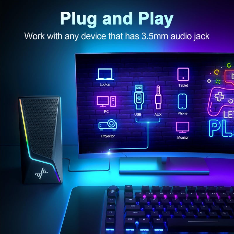 Nylavee Computer Speakers, PC Speakers with 6 Lighting Modes, USB Powered Computer Speakers for Desktop Monitor with 2 Bass-Boost Ports, 2 Speaker Units, and 3.5mm Aux-in Cable for PC, Laptop, Tablet, Phone - Image 5