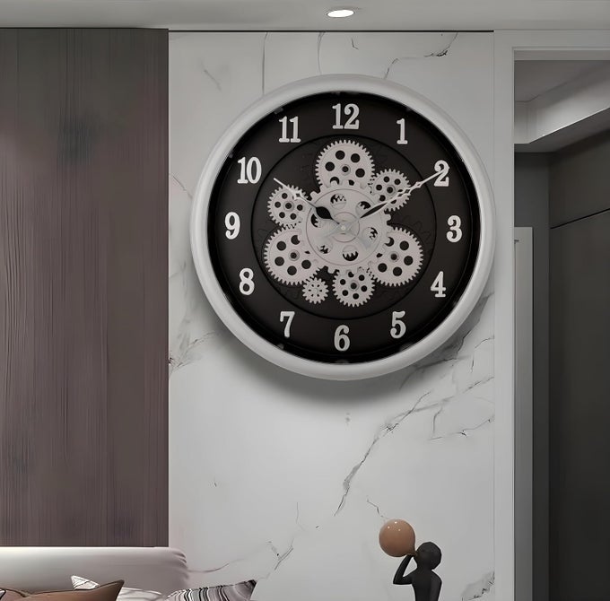 DERONS ROTATING MOVING GEARS WALL CLOCK INDUSTRIAL STEAMPUNK REAL MOVING GEAR DESIGNER WALL CLOCK FOR LIVING ROOM HOME DECOR OFFICE WOODEN LOOK PLASTIC ROUND 32CM DC1387 SILVER BLACK