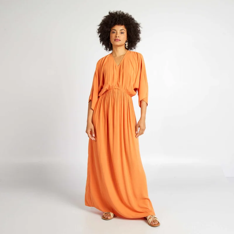 Kiabi Long Dress With Bat Wing Sleeves Orange
